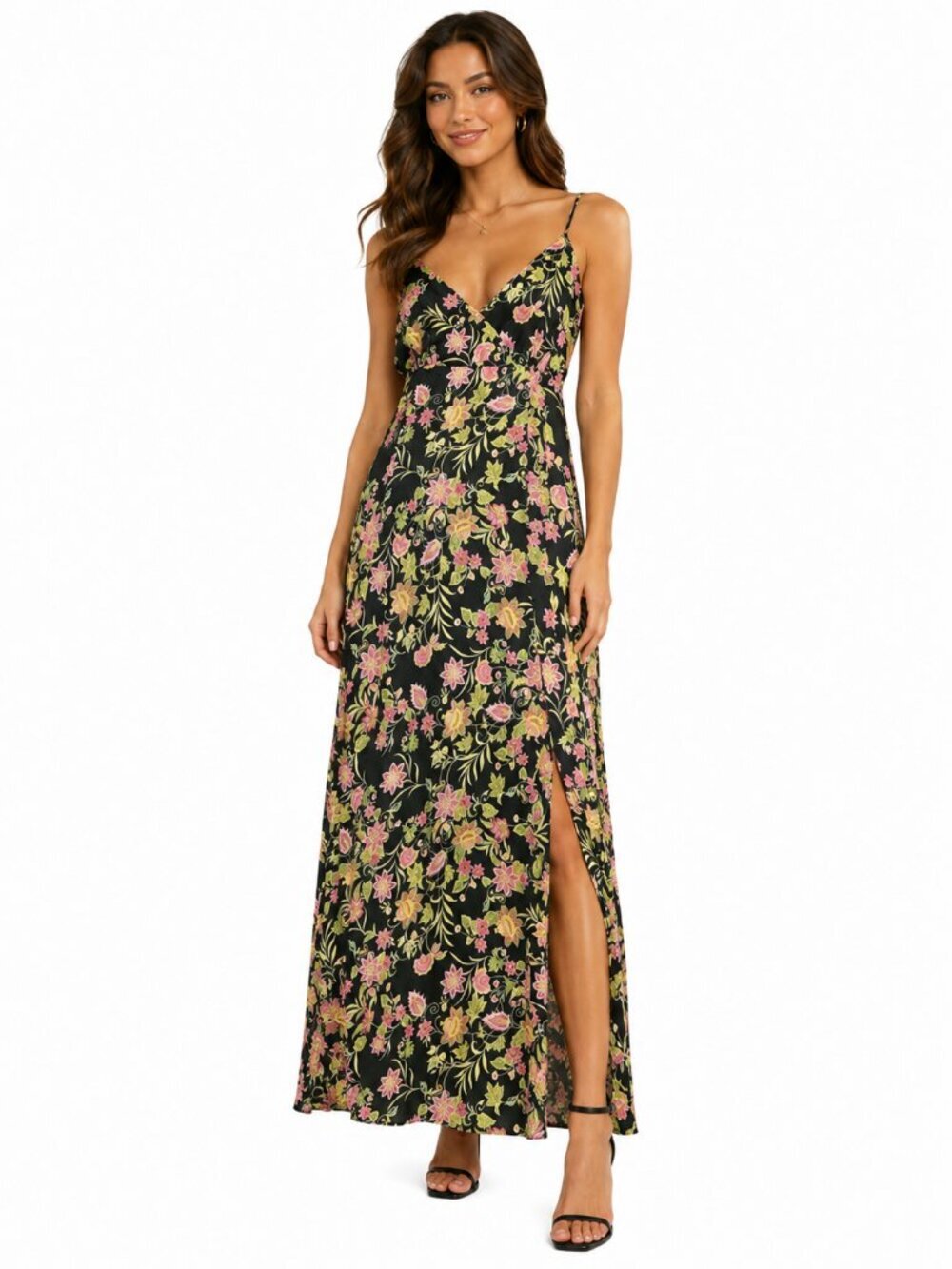 NSR Maxi Dress Satin Polyester Floral Black Pink Green Side Slit Size Small